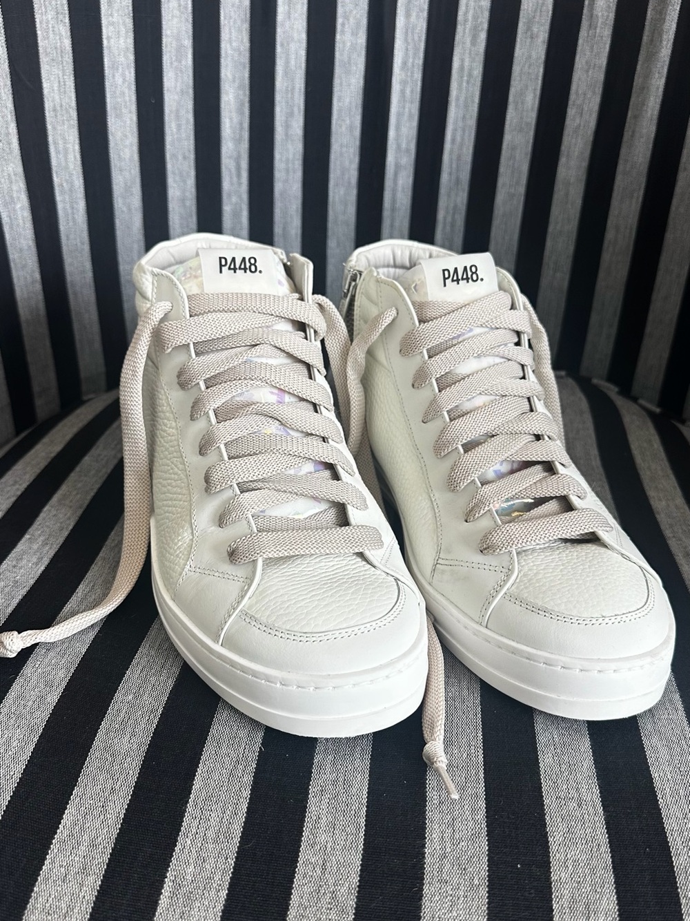 P448 Women’s White High-Top Sneakers with Taupe Laces - Picture 12 of 16